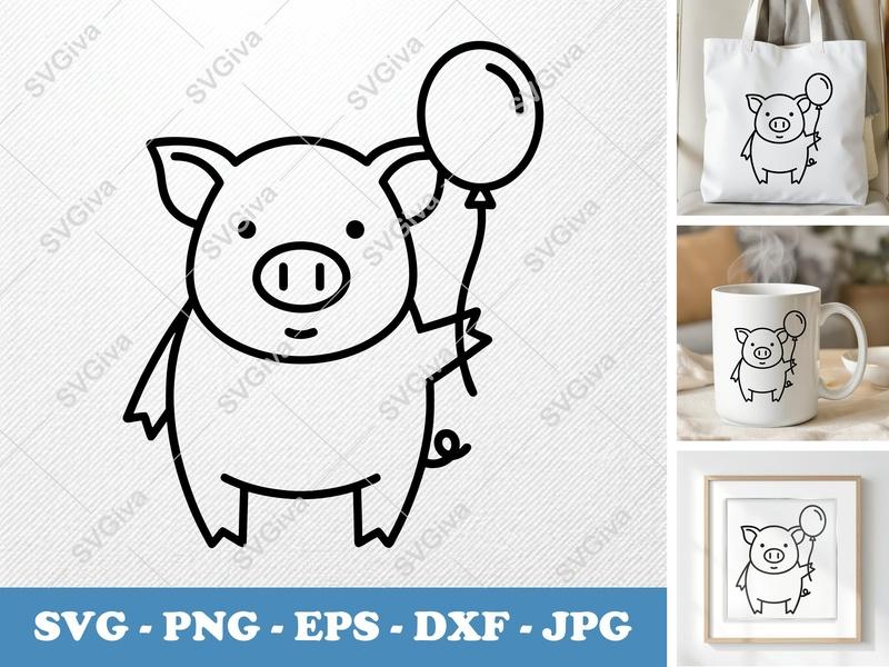 Pig with Balloon SVG, Minimalist Outline Cut File, Thick Contour Thin Lines | PNG DXF EPS for Cricut Silhouette