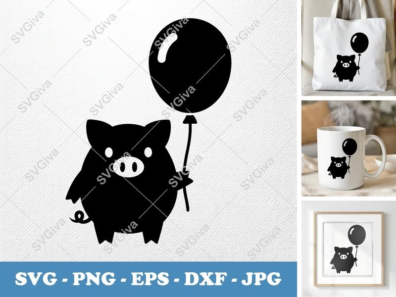 Pig with balloon SVG | Puffy Shapes, Pillow-Soft Design | PNG DXF EPS | Cricut Silhouette File