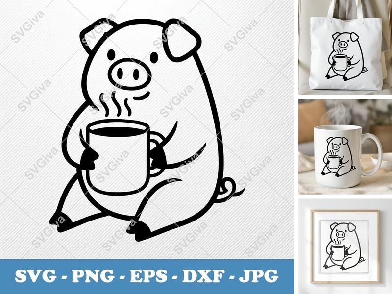 Pig with Coffee Cup SVG | Minimalist Cartoon | Bold Line Art | PNG DXF EPS | Cricut Silhouette | Farm Animal