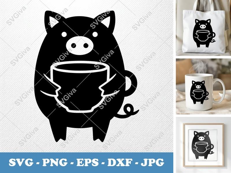 Pig with Coffee Cup SVG | Puffy Pillow Soft Design | PNG DXF EPS | Cricut Silhouette Cut File