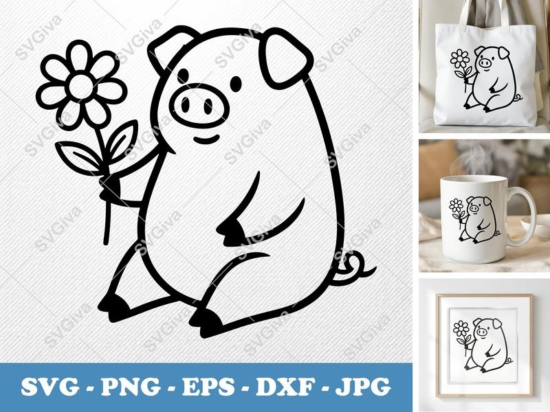 Pig with Flower SVG | Bold Contour Minimalist Cut File | PNG DXF EPS | Cricut Silhouette Ready