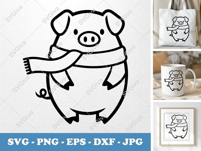 Pig with Scarf SVG | Cute Cartoon Animal PNG EPS DXF | Cricut Silhouette Cut File | Simple Modern Farm Piggy Vector