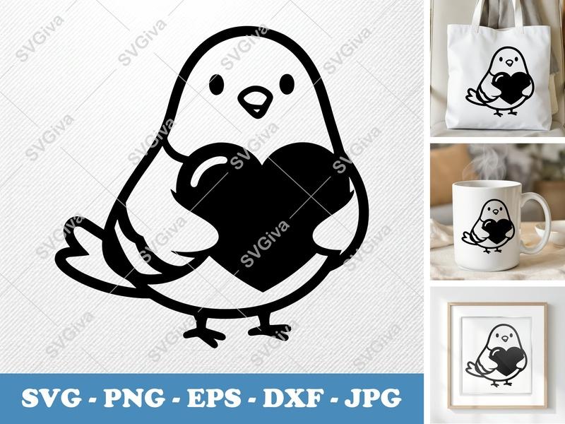 Pigeon Holding Heart SVG | Friendly Bean-Shaped Cut File | PNG DXF EPS | Cricut Silhouette Ready