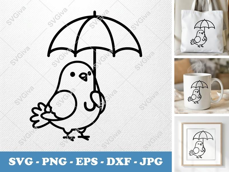 Pigeon Holding Umbrella SVG | Friendly Rounded Bean-Shaped Cut File | PNG DXF EPS | Cricut Silhouette Ready
