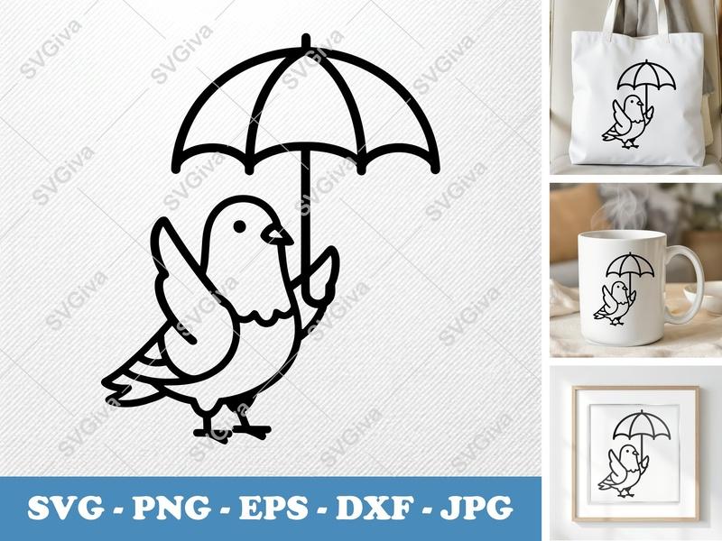 Pigeon Holding Umbrella SVG | Minimalist Vector Cut File | Bold Outline Design | PNG, DXF, EPS | Cricut Silhouette Ready