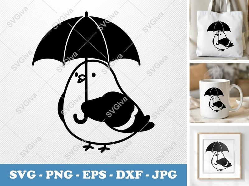 Pigeon Holding Umbrella SVG | Puffy Cartoon Design | Inflated Pillow Soft Shapes | PNG DXF EPS | Cricut Silhouette File