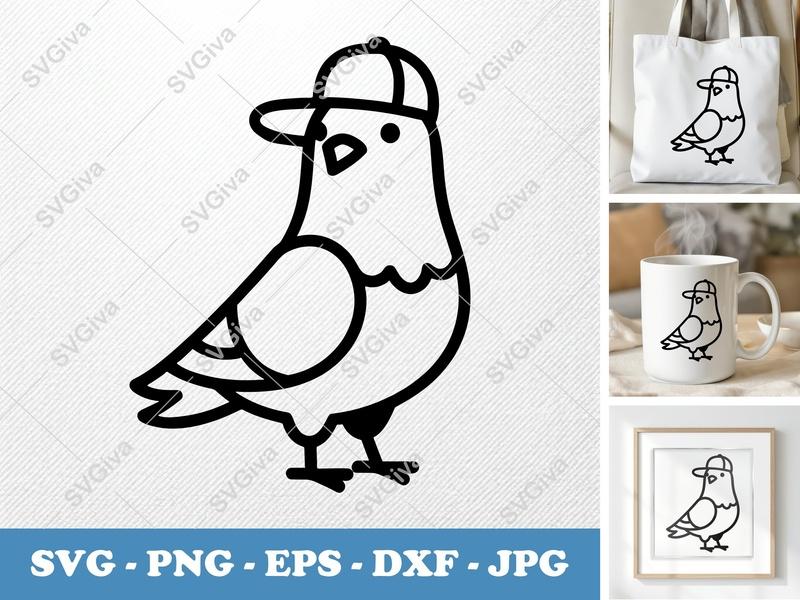 Pigeon in a Cap SVG | Minimalist Bold Contour | PNG DXF EPS | Cricut Silhouette | Bird Cut File