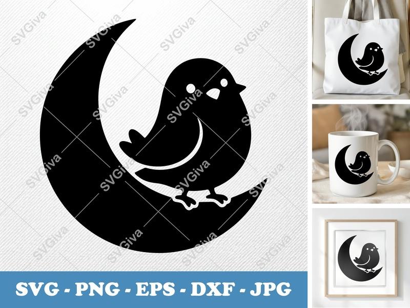 Pigeon on Moon SVG | Cute Bird Silhouette, Nursery Clipart | PNG EPS DXF for Cricut, Silhouette