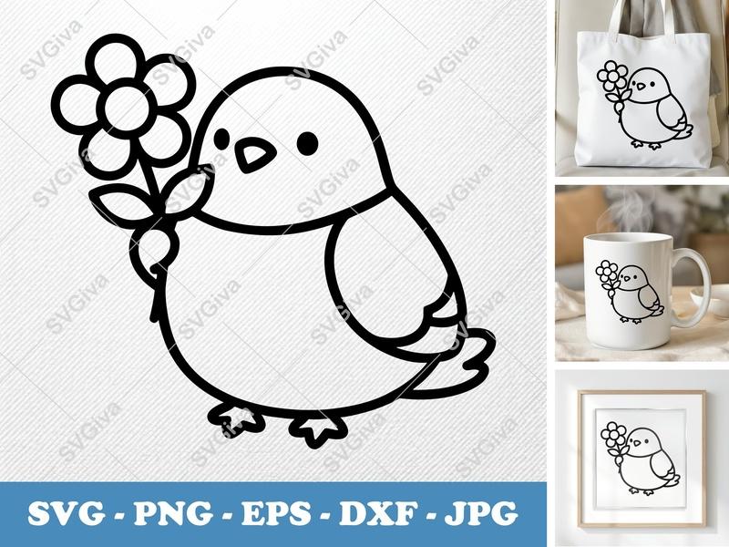 Pigeon Outline SVG, Puffy Shapes Flower Cut File, Inflated Style PNG DXF EPS for Cricut & Silhouette