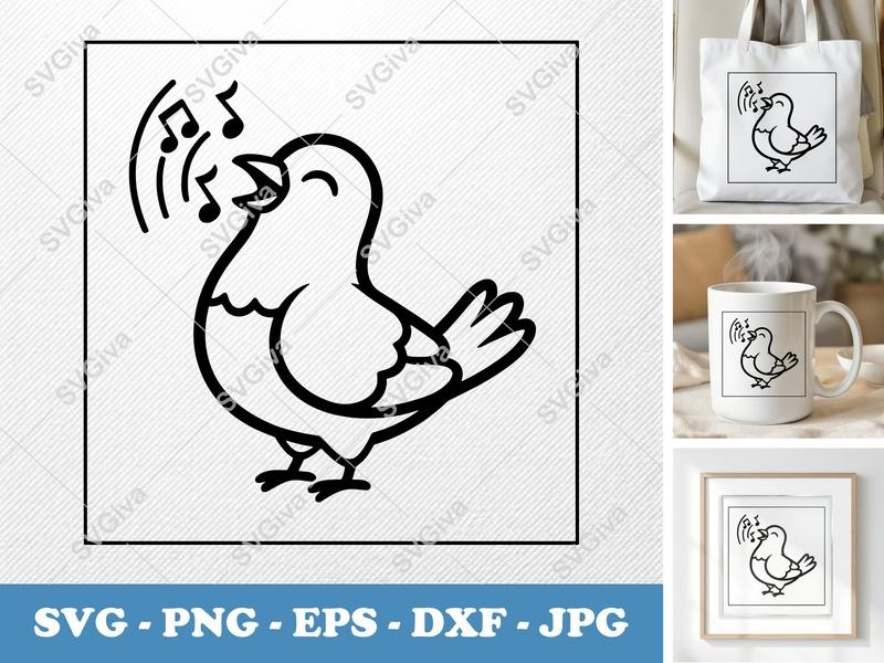 Pigeon Singing SVG | Double-Outline Whimsical Vector | Thick Contour, Minimalist Design, Basic Shapes | PNG DXF EPS for Cricut & Silhouette