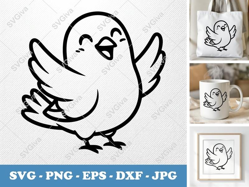 Pigeon Smiling Happily SVG | Bold Contour, Simple Character | PNG DXF EPS | Cricut Silhouette Cut File