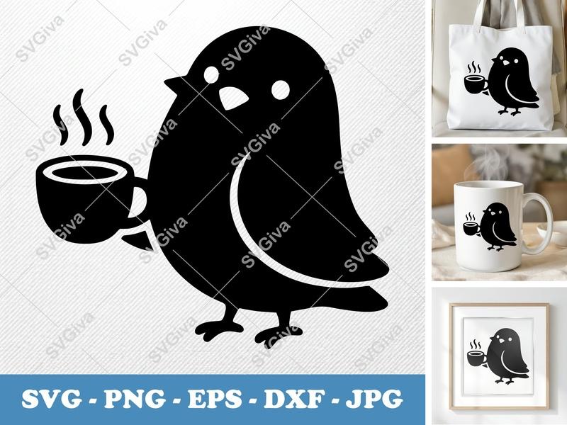 Pigeon SVG | Coffee Bird Clipart, Cute Animal Cut File PNG EPS DXF | Cricut Silhouette Design, Hot Drink Decal