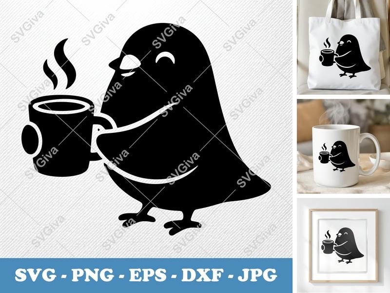 Pigeon SVG | Coffee Bird Cute Design | Steaming Mug Clipart | PNG EPS DXF for Cricut, Silhouette, Vinyl