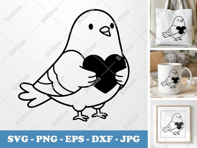 Pigeon SVG | Cute Bird Heart PNG EPS DXF | Valentine's Love Clipart | Cricut Silhouette File