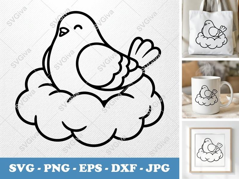 Pigeon SVG, Cute Bird on Cloud Clipart, Modern Line Art, PNG, EPS, DXF for Cricut & Silhouette, Digital Download