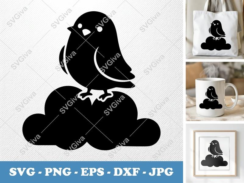 Pigeon SVG | Cute Bird on Cloud | Modern Silhouette, Kawaii Animal Cut File | PNG EPS DXF for Cricut, Silhouette