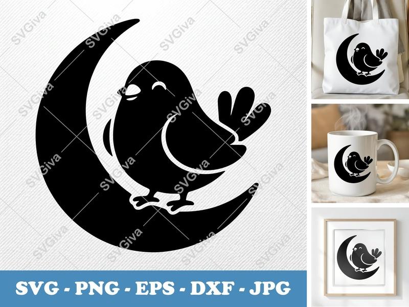 Pigeon SVG, Cute Bird on Moon | Modern Clean Design | PNG EPS DXF for Cricut, Silhouette, Vinyl Decal, Nursery Art