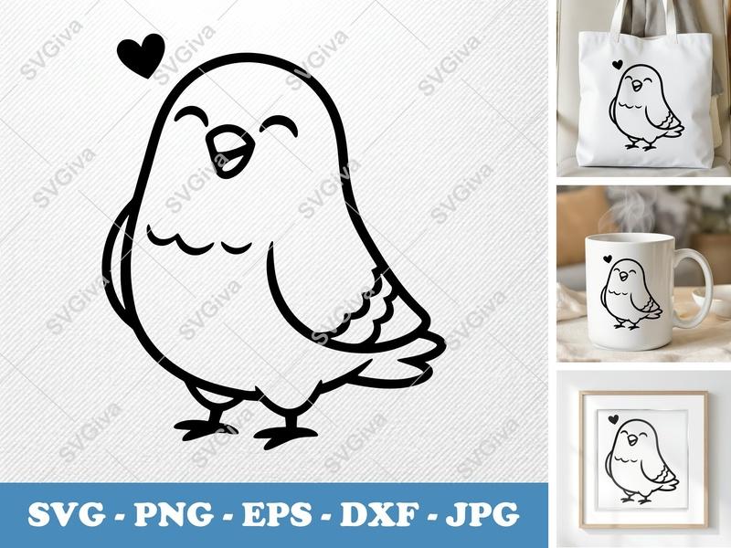 Pigeon SVG, Cute Bird Outline, Kawaii Animal Clipart, Love Heart | PNG EPS DXF for Cricut & Silhouette Cutting Machines