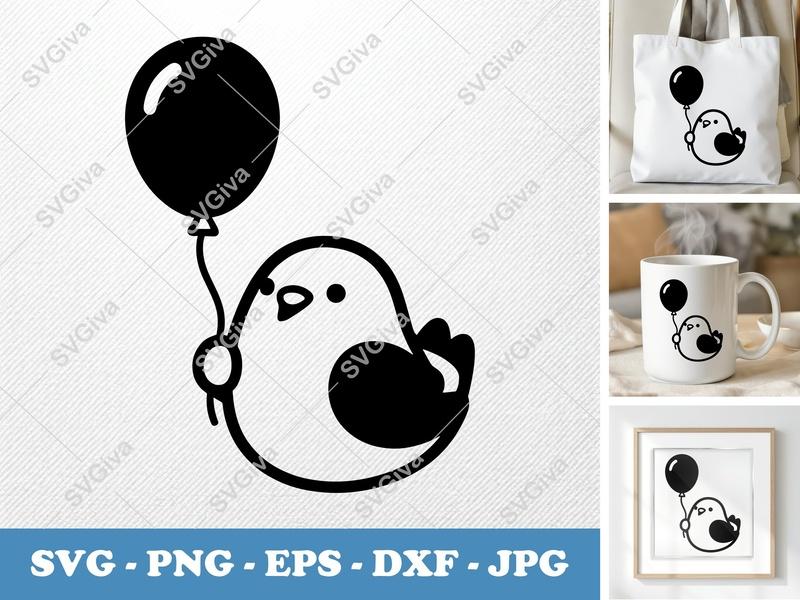 Pigeon SVG | Cute Bird with Balloon | Modern Animal Clipart | PNG EPS DXF for Cricut & Silhouette