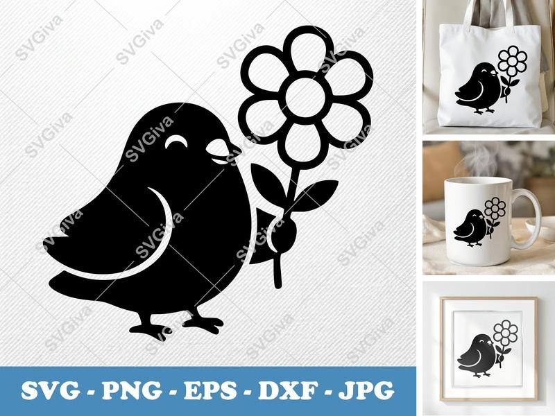 Pigeon SVG | Cute Bird with Flower Clipart | Modern Animal Cut File for Cricut, Silhouette | PNG EPS DXF Vector Art