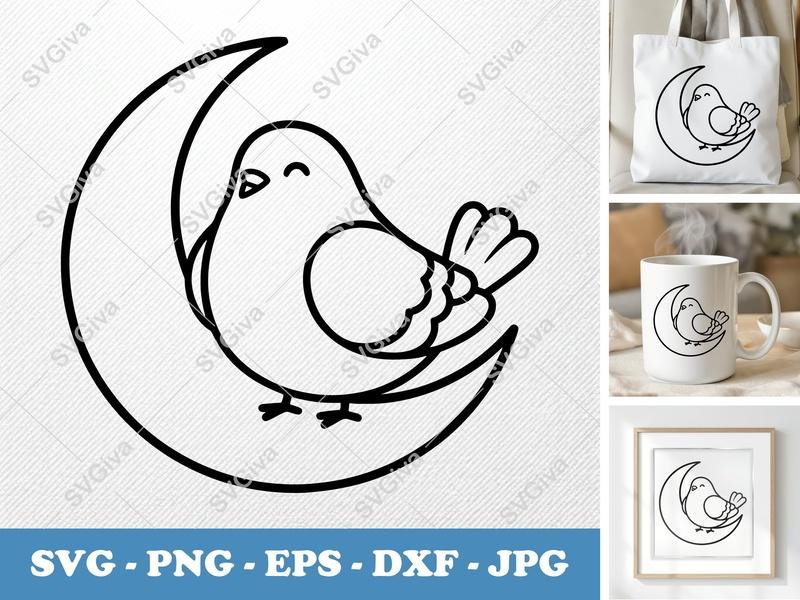 Pigeon SVG on Moon, Cute Bird Clipart, Modern Outline Design, PNG EPS DXF for Cricut & Silhouette