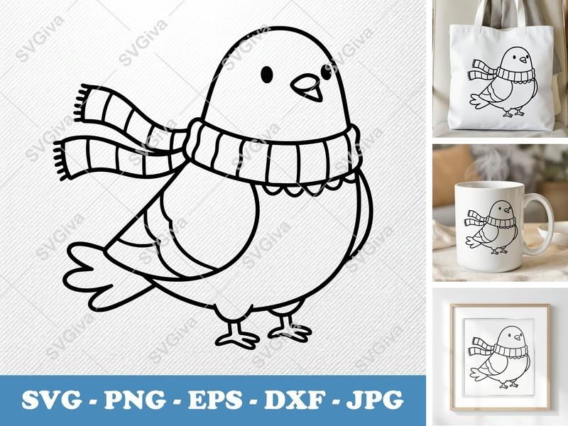 Pigeon SVG Scarf Bird | Cute Winter Animal Clipart | PNG EPS DXF for Cricut Silhouette Cutting Machines