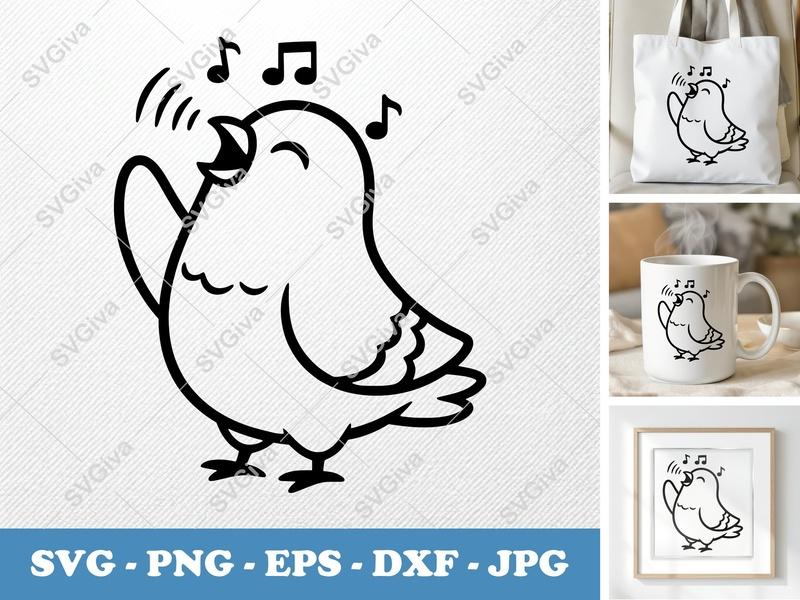 Pigeon SVG | Singing Bird Cut File, Music Notes, Cartoon Dove | PNG EPS DXF for Cricut, Silhouette | Animal Clipart | Outline Design