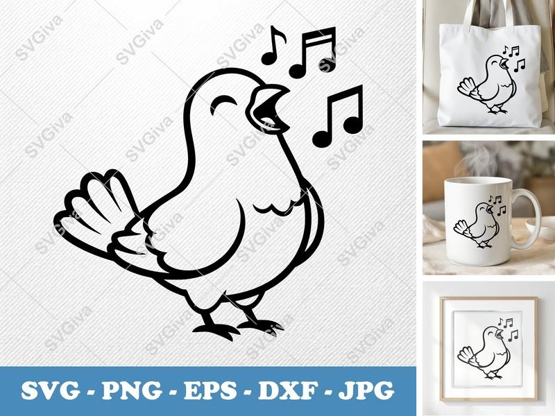 Pigeon SVG, Singing Bird Outline, Music Notes, Cute Animal Clipart | PNG EPS DXF for Cricut, Silhouette