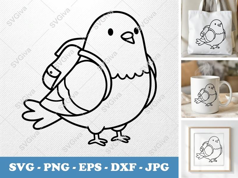 Pigeon SVG with Backpack Cut File | Cartoon Bird Clipart | Modern Animal Outline | PNG, EPS, DXF for Cricut & Silhouette