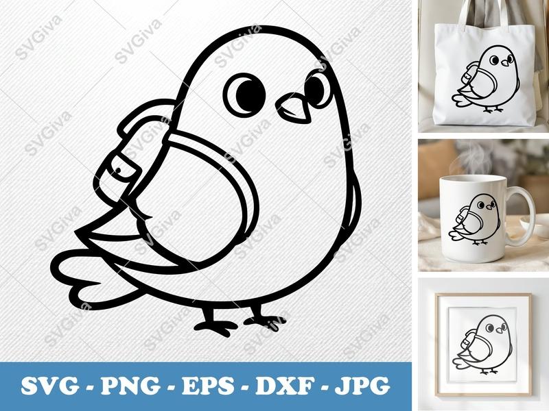 Pigeon SVG with Backpack | Cute Bird Cut File | Modern Cartoon Animal | PNG EPS DXF for Cricut, Silhouette
