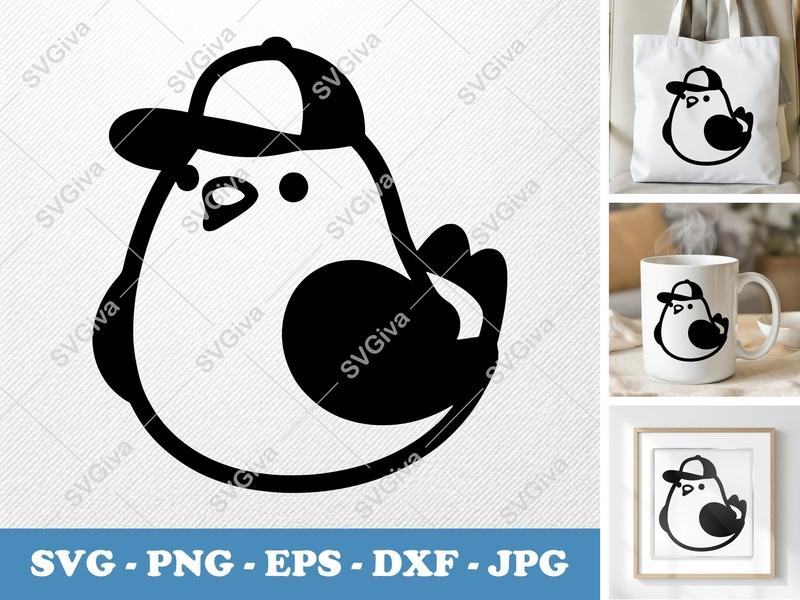 Pigeon SVG with Baseball Cap, Cute Bird Outline, PNG EPS DXF for Cricut, Silhouette Cut File, Modern Animal Clipart