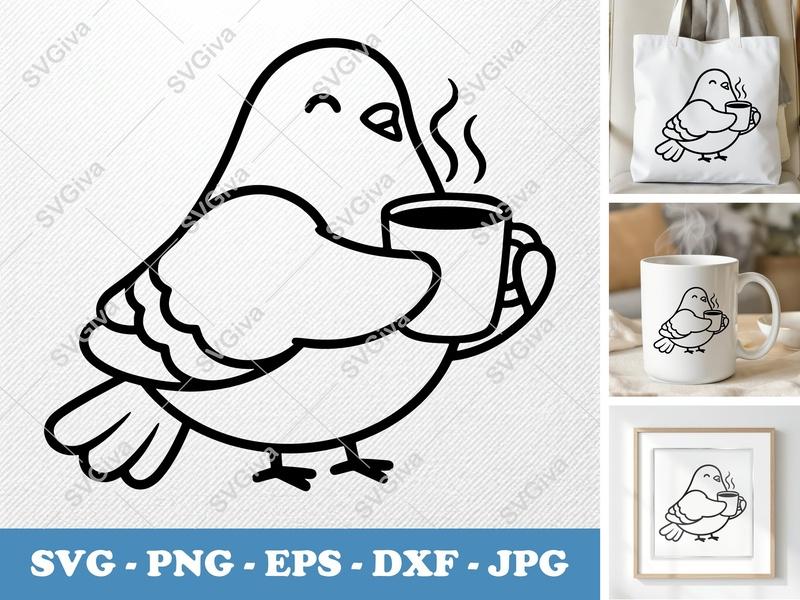 Pigeon SVG with Coffee Mug, Cute Bird Line Art, Modern Design | PNG EPS DXF for Cricut & Silhouette