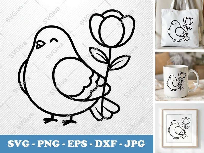 Pigeon SVG with Flower | Cute Bird Clipart, Line Art | PNG, EPS, DXF for Cricut & Silhouette, Digital Download