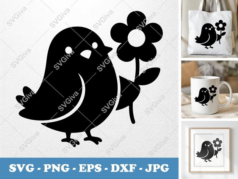 Pigeon SVG with Flower | Cute Bird Clipart | Modern Design | PNG, EPS, DXF for Cricut & Silhouette
