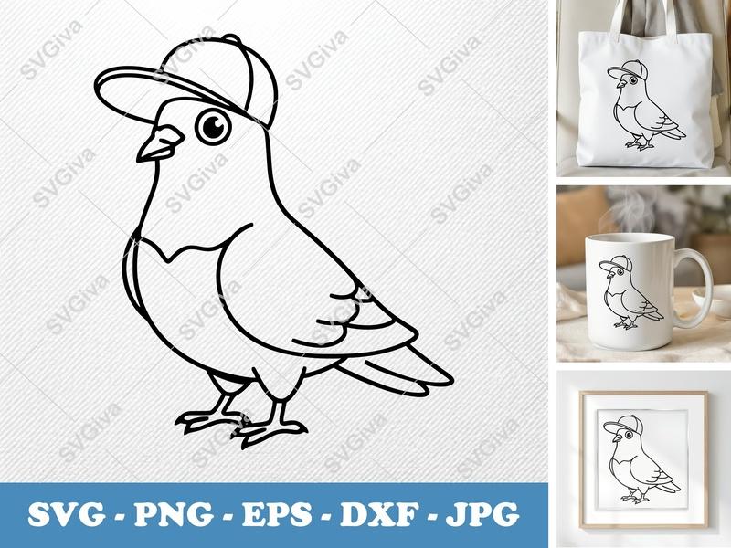 Pigeon SVG with Hat, Modern Bird Line Art, Cartoon Pidgeon | SVG, PNG, EPS, DXF for Cricut & Silhouette