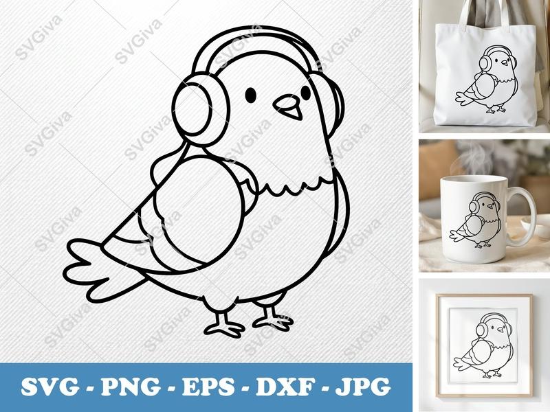 Pigeon SVG with Headphones | Cute Bird Clipart, Cartoon Animal Cut File for Cricut, Silhouette | PNG EPS DXF