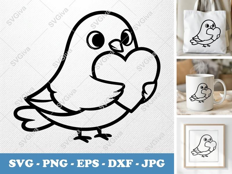 Pigeon SVG with Heart | Cute Bird Clipart, Love Dove | PNG EPS DXF for Cricut, Silhouette