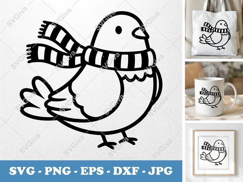 Pigeon SVG with Scarf, Bird Clipart, Winter Animal Cut File | PNG EPS DXF for Cricut & Silhouette, Modern Clean Design