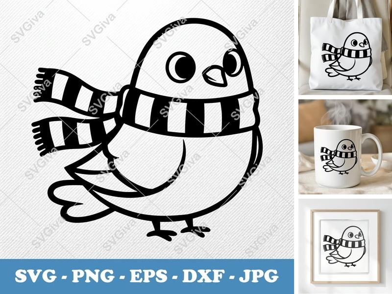Pigeon SVG with Scarf | Cute Bird Clipart, Winter Animal Instant Download | PNG EPS DXF for Cricut, Silhouette