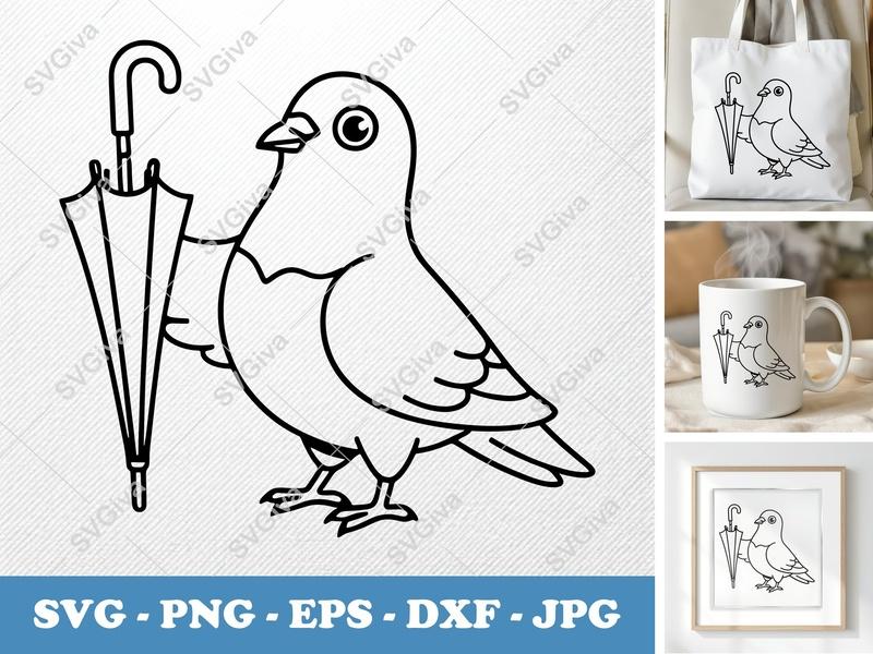 Pigeon SVG with Umbrella | Modern Bird Clipart, Line Art | PNG EPS DXF | Cricut Silhouette File