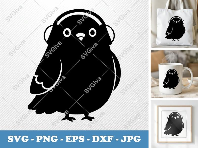 Pigeon wearing headphones SVG | Puffy Soft Shapes | Inflated Pillow-Soft Design | PNG DXF EPS | Cricut Silhouette File