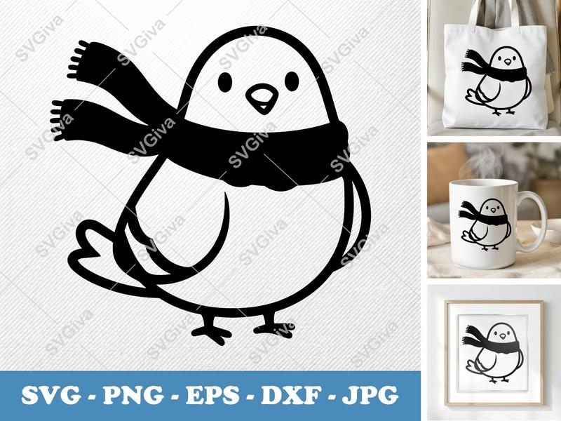 Pigeon Wearing Scarf SVG | Friendly Rounded Body Bean-Shaped Cut File | PNG, DXF, EPS for Cricut & Silhouette