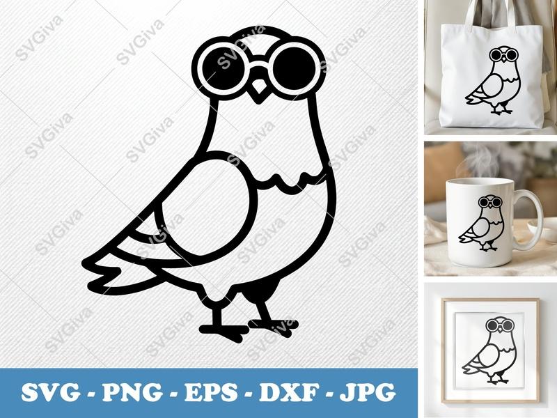 Pigeon wearing Sunglasses SVG, Minimalist Cartoon Bird Cut File | DXF, PNG, EPS | Cricut & Silhouette