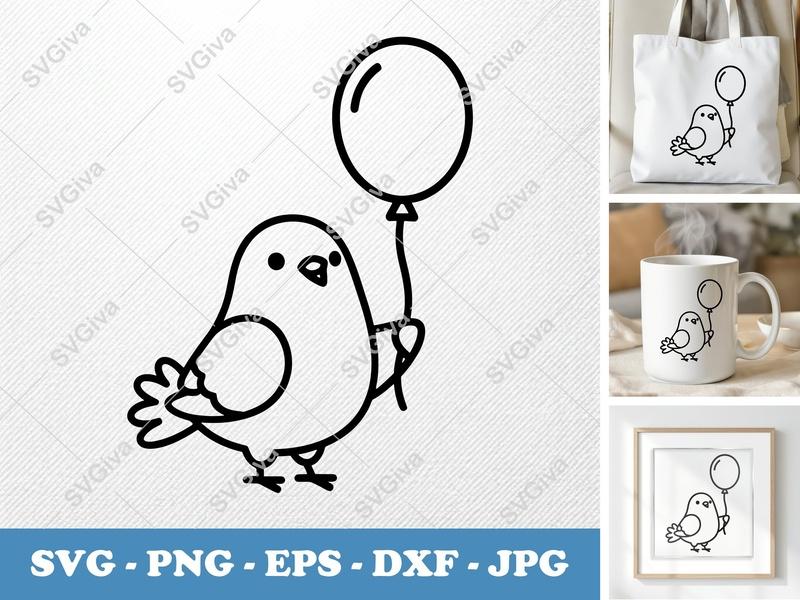 Pigeon with balloon SVG | Friendly Rounded Body Bean-Shaped Cut File | PNG DXF EPS for Cricut Silhouette