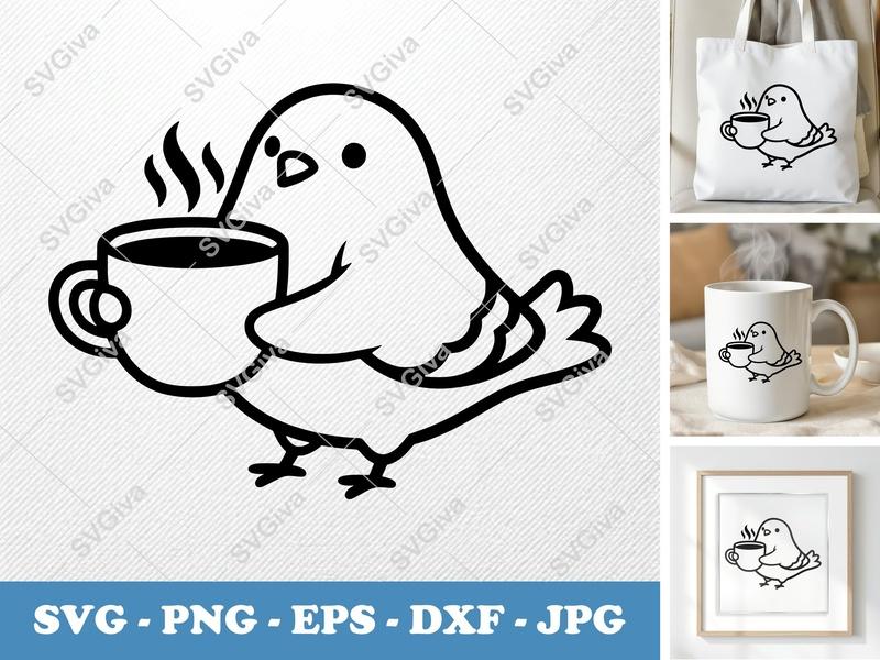 Pigeon with Coffee Cup SVG | Friendly Rounded Bean-Shaped Design | PNG DXF EPS | Cricut Silhouette File