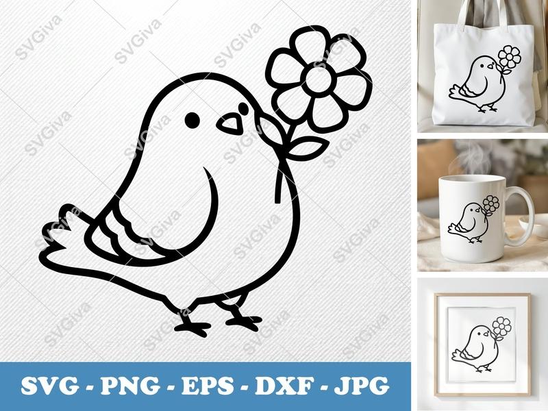 Pigeon with flower SVG | Friendly Bean-Shaped Cut File | PNG DXF EPS | Cricut Silhouette