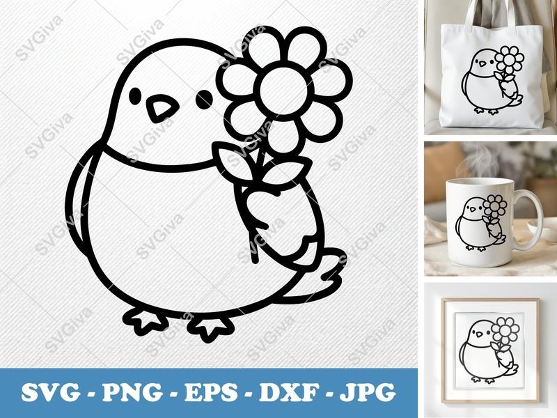 Pigeon with Flower SVG | Puffy Shapes, Inflated Style | PNG DXF EPS | Cricut Silhouette File