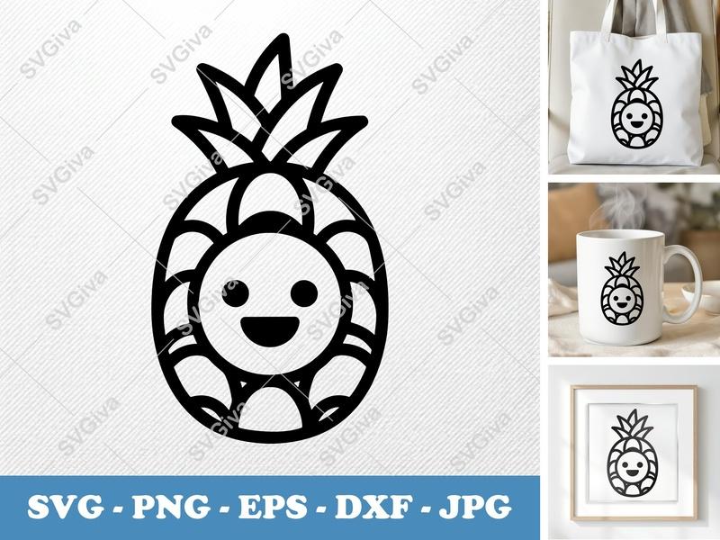 Pineapple Happy Face SVG, Cute Kawaii Fruit PNG, Modern Clean EPS, DXF for Cricut & Silhouette, Digital Cut File