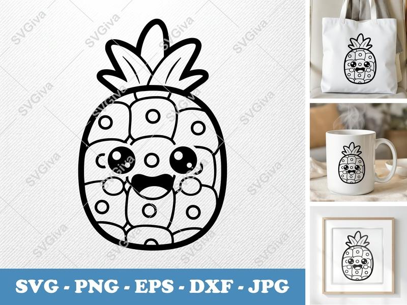 Pineapple Kawaii SVG | Cute Fruit Design PNG EPS DXF | Cricut Silhouette File | Black White Outline Clipart