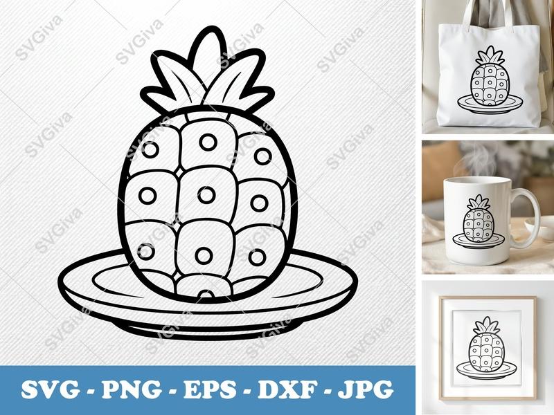 Pineapple on a Plate SVG | Puffy Soft Shapes Cut File | Inflated Pillow Art | PNG DXF EPS | Cricut Silhouette Design